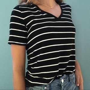 black and white striped v neck tee